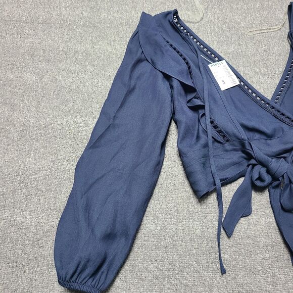 Paper Crane Wrap Top Womens Small Navy Blue Long Sleeve Ruffle Boho Blouse Tie - Picture 2 of 6